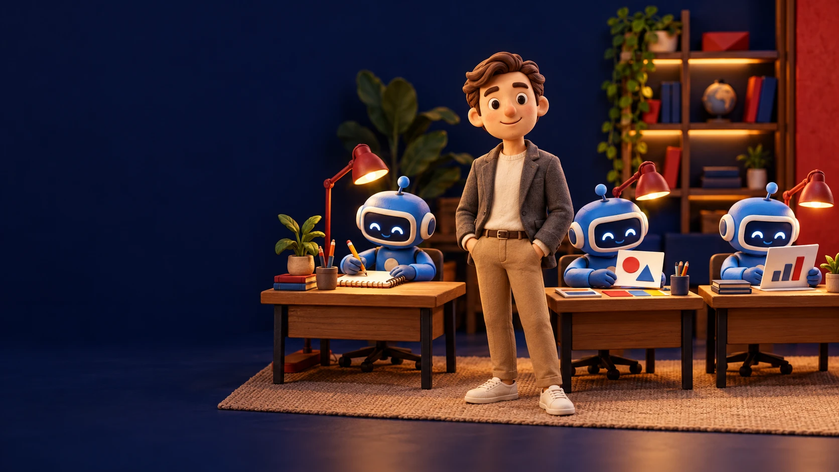A relaxed founder stands with his hands in his pockets while three friendly AI Superstar helpers work calmly at their own desks.